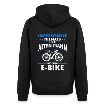 Unterschätze niemals einen Mann mit einem E-Bike - Unisex Premium Bio Zip Hoodie - Schwarz - Hinten - Nico (187cm)