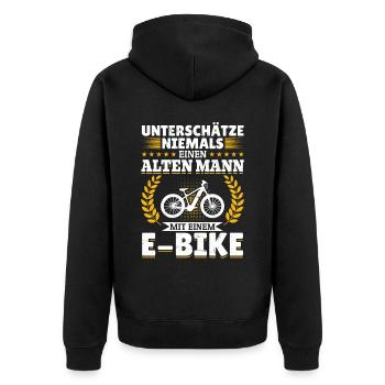 Unterschätze niemals einen Mann mit einem E-Bike - Unisex Premium Bio Zip Hoodie - Schwarz - Hinten - Nico (187cm)