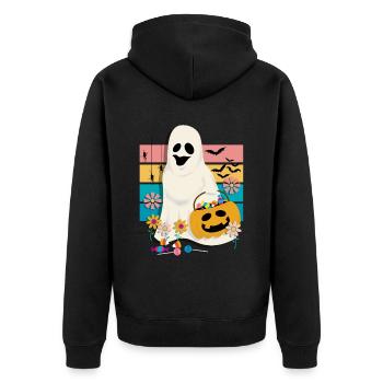 Fantôme de fleur groovy tenant une citrouille avec des bonbons - Veste à capuche bio Premium Unisexe - noir - Dos - Nico (187cm)