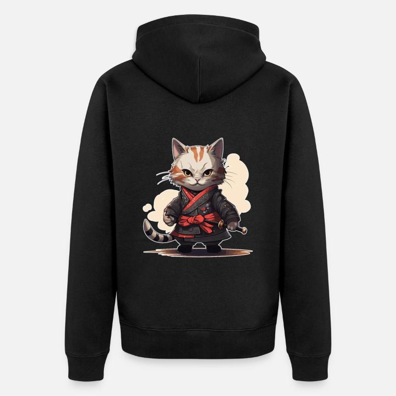 Japanese Samurai Kitty Swordplay - Unisex Premium Bio Zip Hoodie - Schwarz