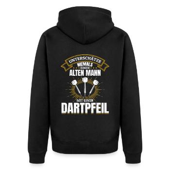 Unterschätze niemals ein Mann mit einem Dartpfeil - Unisex Premium Bio Zip Hoodie - Schwarz - Hinten - Nico (187cm)