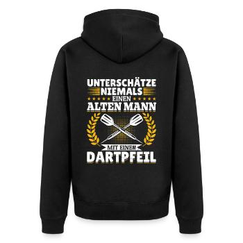 Unterschätze niemals ein Mann mit einem Dartpfeil - Unisex Premium Bio Zip Hoodie - Schwarz - Hinten - Nico (187cm)