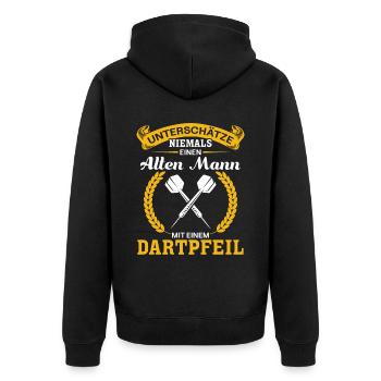 Unterschätze niemals ein Mann mit einem Dartpfeil - Unisex Premium Bio Zip Hoodie - Schwarz - Hinten - Nico (187cm)