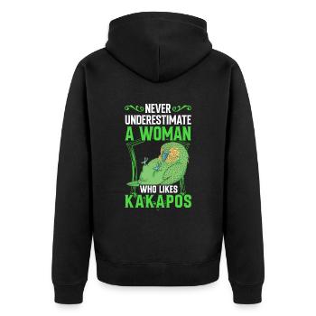 Femme avec perroquet de Nouvelle-Zélande Kakapo - Veste à capuche bio Premium Unisexe - noir - Dos - Nico (187cm)