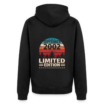 21. Geburtstag September Jahrgang 2002 Vintage - Unisex Premium Bio Zip Hoodie - Schwarz - Hinten - Nico (187cm)