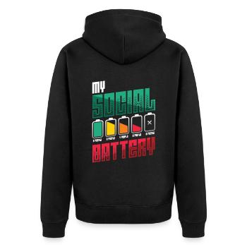 Meine Sozialbatterie - Asozialer Introvertierter - Unisex Premium Bio Zip Hoodie - Schwarz - Hinten - Nico (187cm)