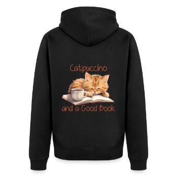 Catpuccino And A Good Book - Bücherwurm und Katzen - Unisex Premium Bio Zip Hoodie - Schwarz - Hinten - Nico (187cm)