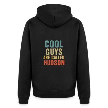 Cool guys are called Hudson - Unisex Premium Bio Zip Hoodie - Schwarz - Hinten - Nico (187cm)