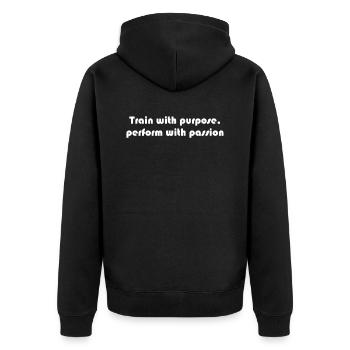 Fitness - Train with purpose, perform with - Unisex Premium Bio Zip Hoodie - Schwarz - Hinten - Nico (187cm)