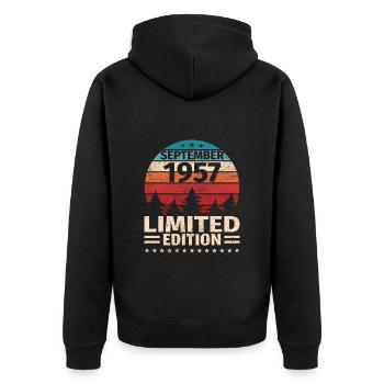 66. Geburtstag September Jahrgang 1957 Vintage - Unisex Premium Bio Zip Hoodie - Schwarz - Hinten - Nico (187cm)