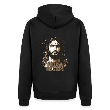Christliche Zitate Designs Follow His Steps - Unisex Premium Bio Zip Hoodie - Schwarz - Hinten - Nico (187cm)
