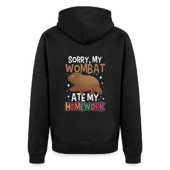 Wombat hat meine Hausaufgaben gefressen - Unisex Premium Bio Zip Hoodie - Schwarz - Hinten - Nico (187cm)