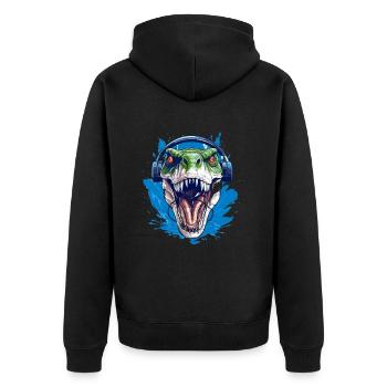 Cooler Dino mit Kopfhörer für Dino Fan - Unisex Premium Bio Zip Hoodie - Schwarz - Hinten - Nico (187cm)