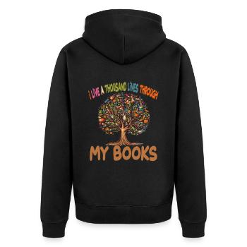 I Live A Thousand Lives Through My Books - Unisex Premium Bio Zip Hoodie - Schwarz - Hinten - Nico (187cm)