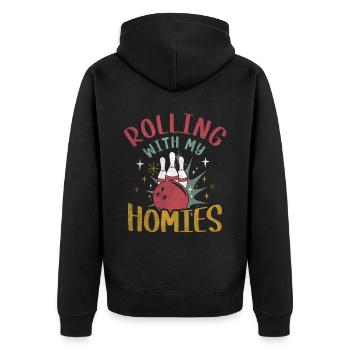 Rolling with my Homies Retro Bowling Geschenk - Unisex Premium Bio Zip Hoodie - Schwarz - Hinten - Nico (187cm)