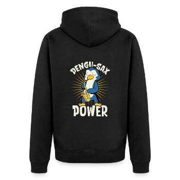 Pengu-Sax Power - Pinguin am Saxophon - Unisex Premium Bio Zip Hoodie - Schwarz - Hinten - Nico (187cm)