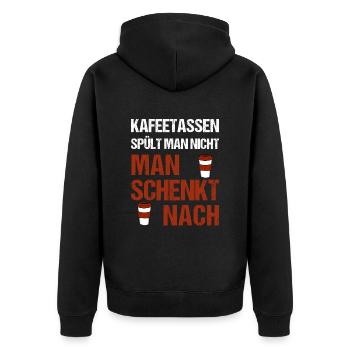 Kaffeetassen spült man nicht, man schenkt nach - Unisex Premium Bio Zip Hoodie - Schwarz - Hinten - Nico (187cm)