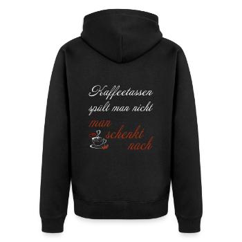 Kaffeetassen spült man nicht, man schenkt nach - Unisex Premium Bio Zip Hoodie - Schwarz - Hinten - Nico (187cm)