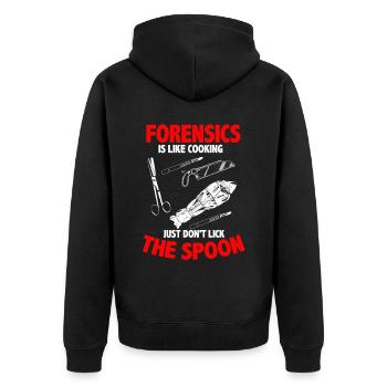 Lustiger Gerichtsmediziner - Unisex Premium Bio Zip Hoodie - Schwarz - Hinten - Nico (187cm)