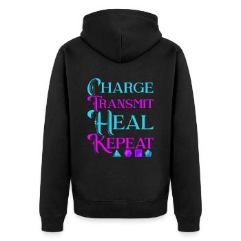 Crystal Healer Charge Transmit Heal Repeat - Unisex Premium Organic Zip Hoodie - black - Back - Nico (187cm)