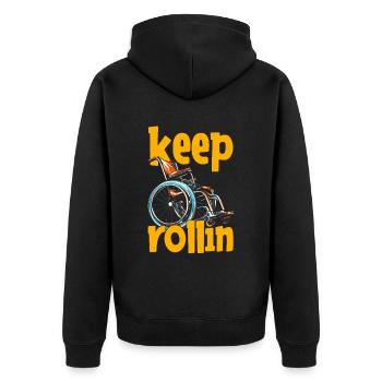 Rollstuhl Rollstuhlfahrer Witzig Keep Rollin - Unisex Premium Bio Zip Hoodie - Schwarz - Hinten - Nico (187cm)