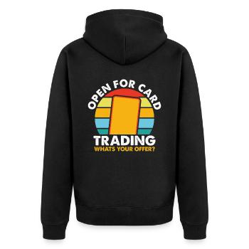 Open For Card Trading What's Your Offer? - Unisex Premium Organic Zip Hoodie - black - Back - Nico (187cm)