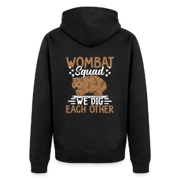 Wombat Squad Wir Graben Uns Gegenseitig - Unisex Premium Bio Zip Hoodie - Schwarz - Hinten - Nico (187cm)