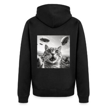 Funny Anxious Cats Selfie UFO Alien - Unisex Premium Organic Zip Hoodie - black - Back - Nico (187cm)