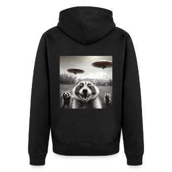 Lustig Erschrecktes Waschbär Selfie UFO Alien - Unisex Premium Bio Zip Hoodie - Schwarz - Hinten - Nico (187cm)