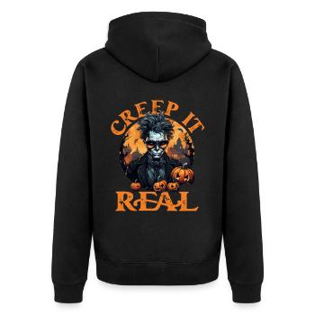 Creepy Pumpkin Halloween Design "Creep it Real" - Unisex Premium Organic Zip Hoodie - black - Back - Nico (187cm)