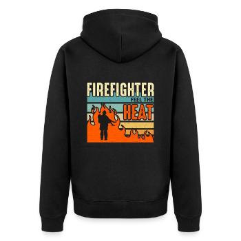 Chief Firefighter Feel The Heat Fire Department - Unisex Premium Bio Zip Hoodie - Schwarz - Hinten - Nico (187cm)