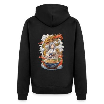 Kawaii Ramen Girl & Drache Manga Suppen Design - Unisex Premium Bio Zip Hoodie - Schwarz - Hinten - Nico (187cm)