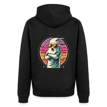 Retro Sun Ghost: Spooky Cool for Halloween - Unisex Premium Organic Zip Hoodie - black - Back - Nico (187cm)
