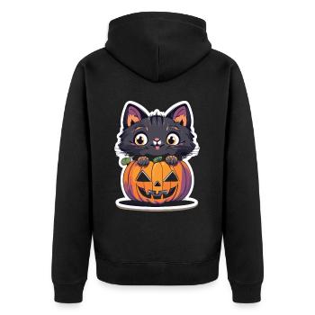 Lustiges Halloween: Katze im Kürbis - Unisex Premium Bio Zip Hoodie - Schwarz - Hinten - Nico (187cm)