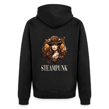 Steampunk Frau für einen Steampunk Liebhaber - Unisex Premium Bio Zip Hoodie - Schwarz - Hinten - Nico (187cm)