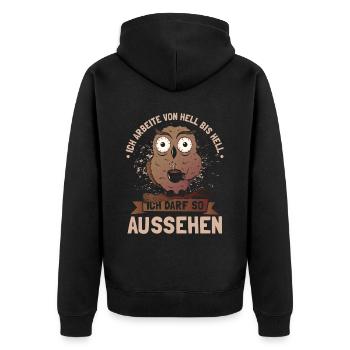Ich arbeite von hell bis hell - Unisex Premium Bio Zip Hoodie - Schwarz - Hinten - Nico (187cm)