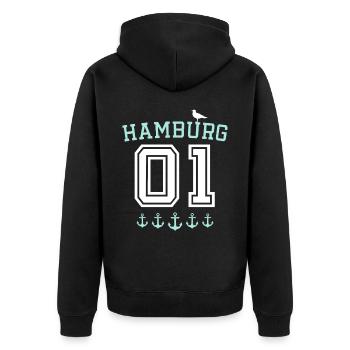 Hamburg Spruch - Unisex Premium Bio Zip Hoodie - Schwarz - Hinten - Nico (187cm)