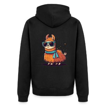 Trendiges Lama im türkisen Schal und Sonnenbrille - Unisex Premium Bio Zip Hoodie - Schwarz - Hinten - Nico (187cm)