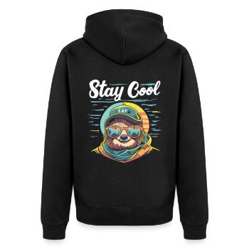 Entspanntes Faultier: STAY COOL - Unisex Premium Bio Zip Hoodie - Schwarz - Hinten - Nico (187cm)