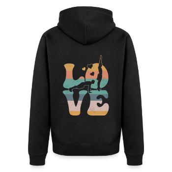 Burpees Workout Fitnessstudio LIEBE - Unisex Premium Bio Zip Hoodie - Schwarz - Hinten - Nico (187cm)