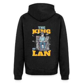 The King Of LAN Computer Technician IT Support - Unisex Premium Bio Zip Hoodie - Schwarz - Hinten - Nico (187cm)