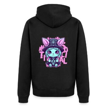 Antisocial Kawaii Pastel Goth Cat Gothic Menhera - Unisex Premium Bio Zip Hoodie - Schwarz - Hinten - Nico (187cm)