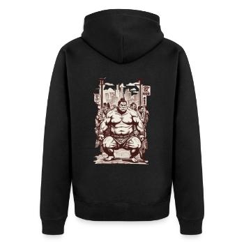 Sumo Vintage Kanji Zeichen und Kampfsport Design - Unisex Premium Bio Zip Hoodie - Schwarz - Hinten - Nico (187cm)