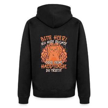 Bitte Herr Lass Hirn Regnen Oder Steine Hauptsache - Unisex Premium Bio Zip Hoodie - Schwarz - Hinten - Nico (187cm)