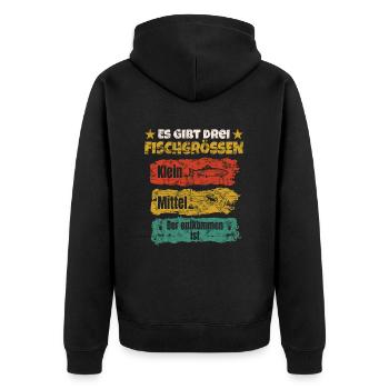 Es gibt 3 Fischgrößen - Unisex Premium Bio Zip Hoodie - Schwarz - Hinten - Nico (187cm)