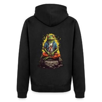Zen Frosch spirituelles Cartoon Yoga Design - Unisex Premium Bio Zip Hoodie - Schwarz - Hinten - Nico (187cm)