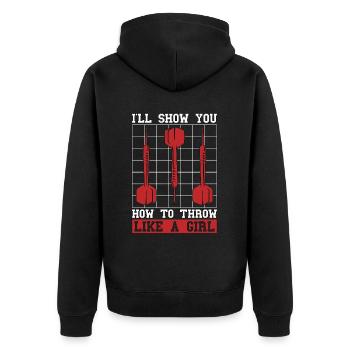 Target Sports I'll Show You How To Throw Bullseye - Unisex Premium Organic Zip Hoodie - black - Back - Nico (187cm)