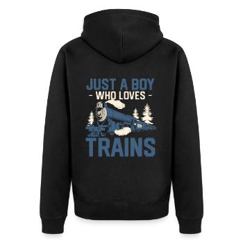 Nur ein Junge, der Züge liebt - Unisex Premium Bio Zip Hoodie - Schwarz - Hinten - Nico (187cm)