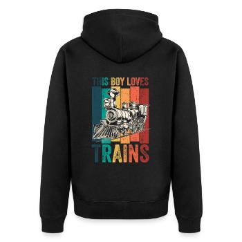 Dieser Junge liebt Züge - Unisex Premium Bio Zip Hoodie - Schwarz - Hinten - Nico (187cm)