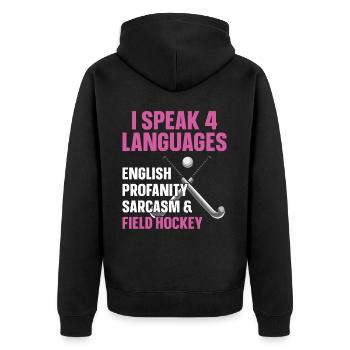 Hockey sur gazon Je parle 4 langues - Veste à capuche bio Premium Unisexe - noir - Dos - Nico (187cm)